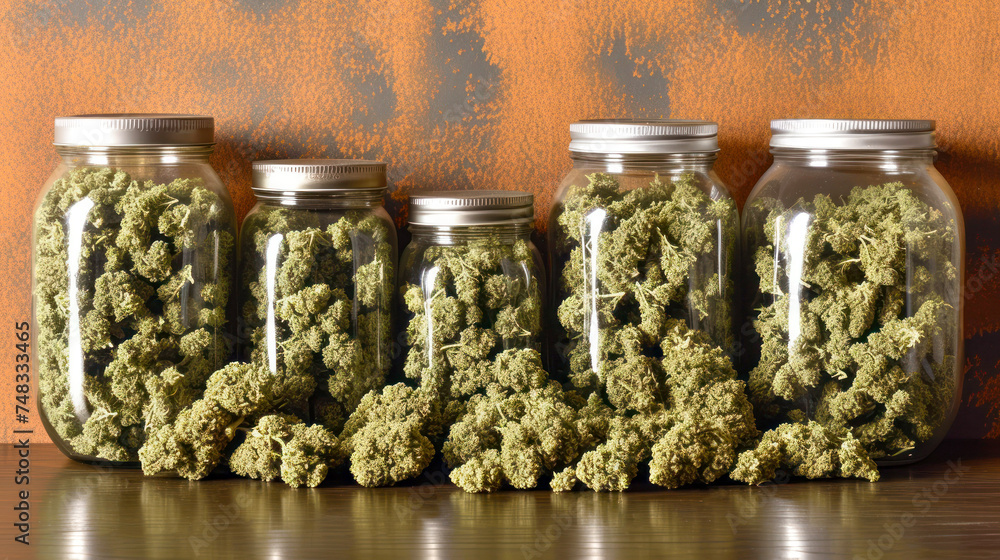Row of Jars Filled With Marijuana Buds Row of Jars Filled With Marijuana Buds