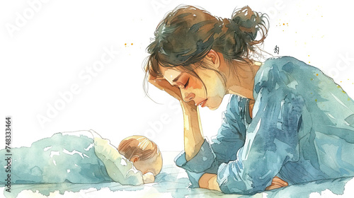 Depressed young woman crying, Postpartum depression.Postpartum postnatal depression PPD.  Tired sad woman sits near the cradle with a newborn baby. 