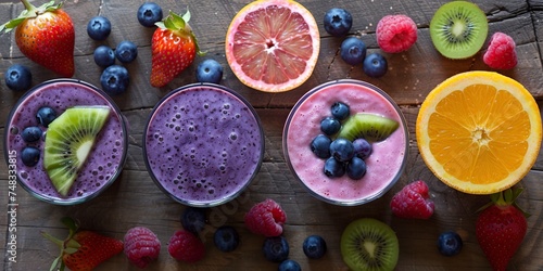 healthy smoothies with fresh berries, blueberries and kiwi