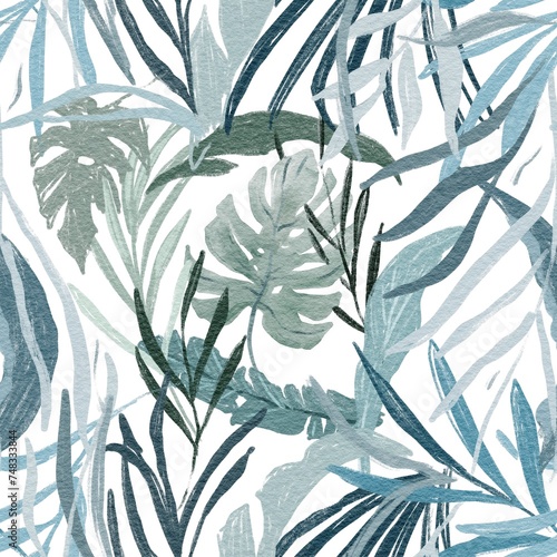 Watercolor seamless pattern with tropical leaves