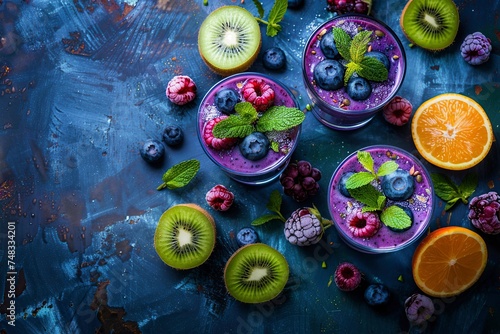 healthy smoothies with fresh berries, blueberries and kiwi