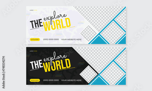 Explore the world tour travel facebook cover or web banner design for social media ads marketing promotion with photo placeholder, new latest tourism agency business advertising banner template bundle
