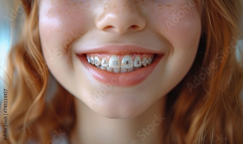 A happy child's smile with healthy teeth with metal braces