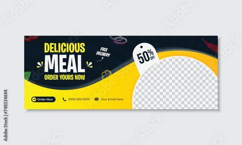 Delicious food promotional social media facebook timeline cover banner header design for restaurant advertising marketing purposes, modern creative editable vector new trendy stylish design
