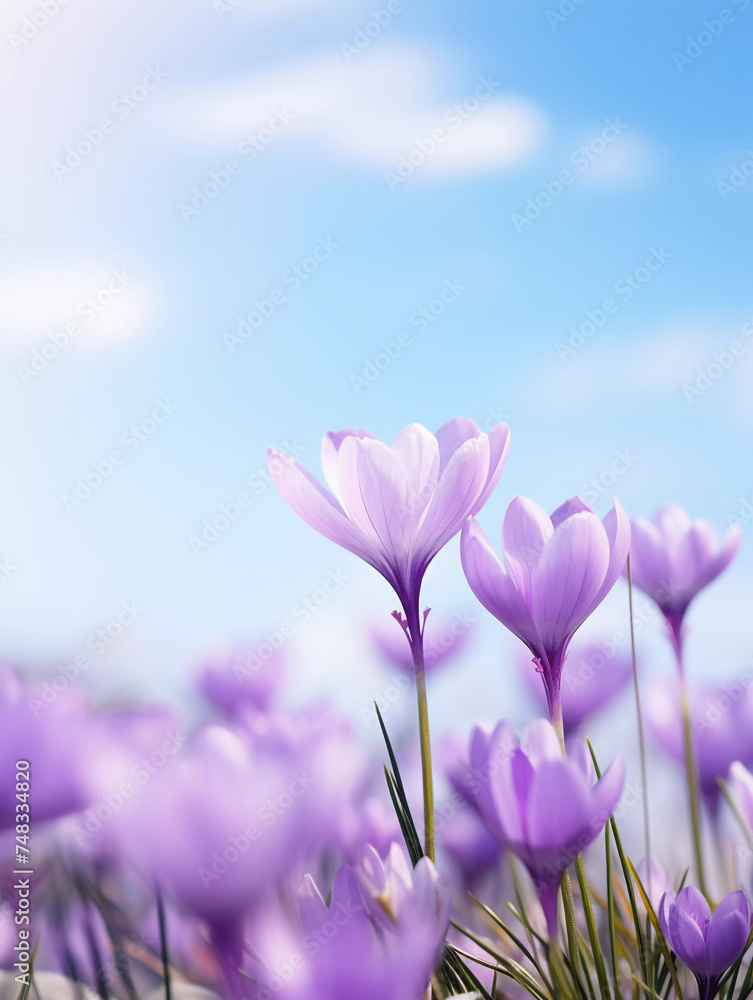 Violet flowers on a blurred sky background. Ai generative soft photography in pastel tones with copyspace perfect for poster, cover or seasonal advertising