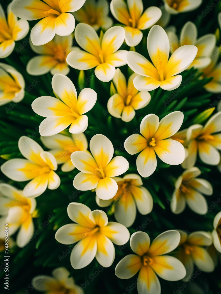 Fototapeta premium Yellow flowers top view. Ai generative soft photography perfect for poster, cover or seasonal advertising