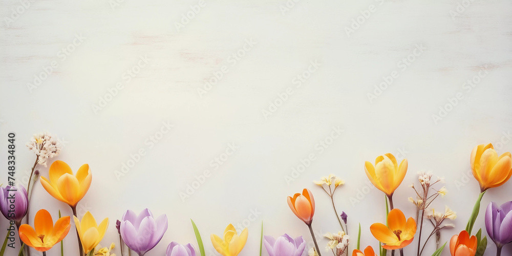 Spring floral frame on white minimalist background. Ai generative soft photography in pastel tones with copyspace perfect for poster, cover or seasonal advertising