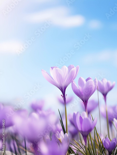 Violet flowers on a blurred sky background. Ai generative soft photography in pastel tones with copyspace perfect for poster, cover or seasonal advertising
