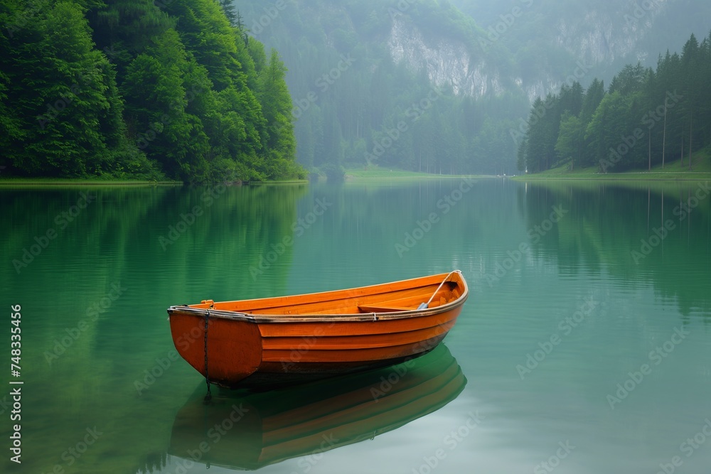 Boat on lake - Single boat waiting on calm, green waters of lake, incredible landscape
