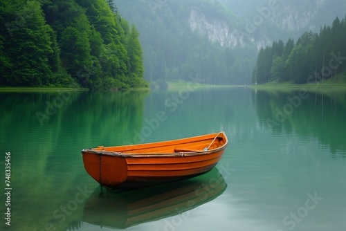 Boat on lake - Single boat waiting on calm, green waters of lake, incredible landscape
