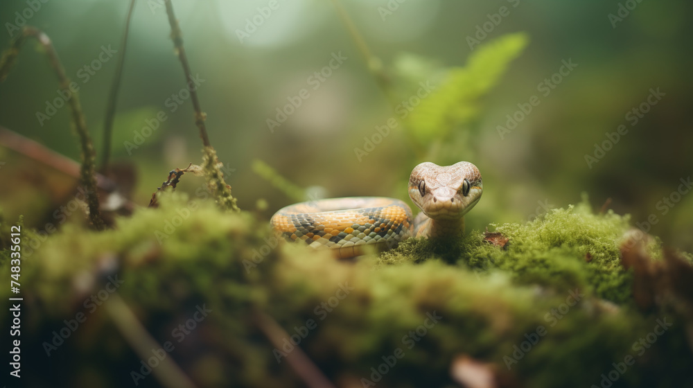 Close up of beautiful wild snake in forest with moss and leaves. Macro photography view with blured background. Ecological balance .