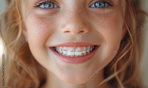 A happy child's smile with healthy teeth with metal braces photo