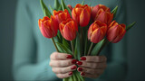 Vibrant red classic tulip bouquet in woman's hand.