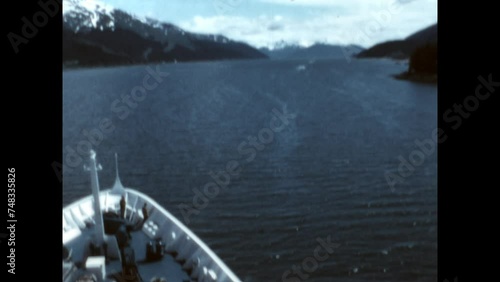 Seymour Narrows 1974 - A ship travels through the Seymour Narrows, part of the Inside Passage, on the coast of British Columbia in 1974.  photo