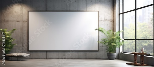 A modern room featuring a large window that allows ample natural light to enter. The focal point is a whiteboard mounted on the wall, ready for notes or presentations.