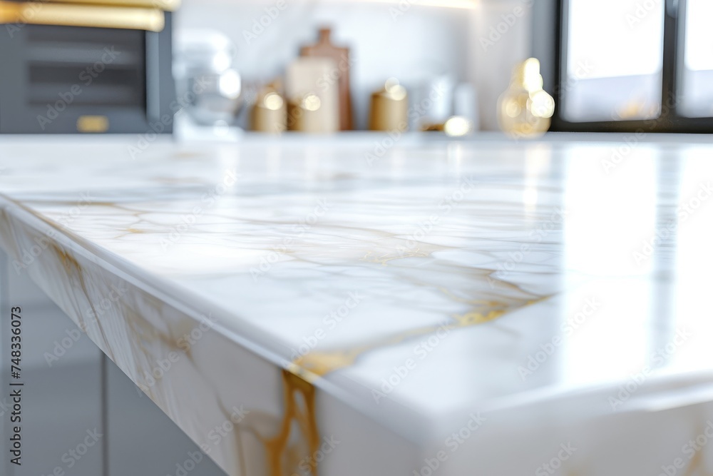 White Gold Kitchen Countertop on Blurred Background, Luxury Table Mockup, Generative AI Illustration White Gold Kitchen Countertop on Blurred Background, Luxury Table Mockup, Generative AI Illustration