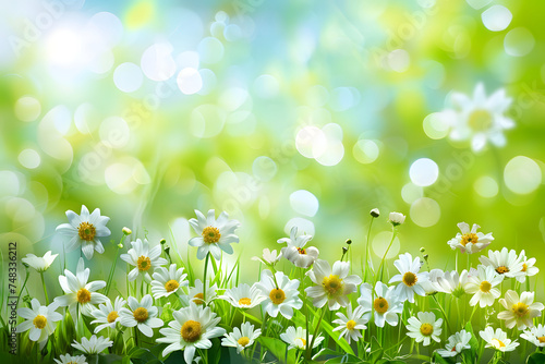 background in the form of grown flowers and grass in the spring rays of the sun, spring meadow with flowers