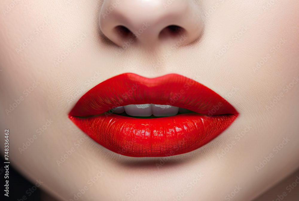 Obraz premium Woman Lips Closeup, Red Lipstick Makeup, Beautiful Mouth Make-Up, Model Girl Lip, Lips Macro