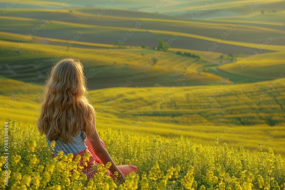 Yellow-Green Fields Landscape with a Young Girl Enjoying Nature, Copy Space for Text Yellow-Green Fields Landscape with a Young Girl Enjoying Nature, Copy Space for Text