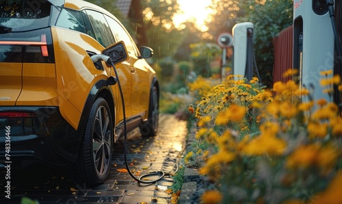 An electric car plugged cha...