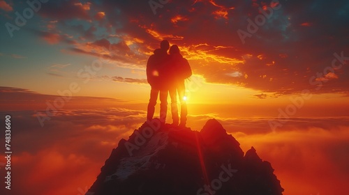 Celebratory Embrace: At the pinnacle of the mountain, against the backdrop of sunset, the two friends share a triumphant embrace, celebrating their achievement and the power of teamwork 
