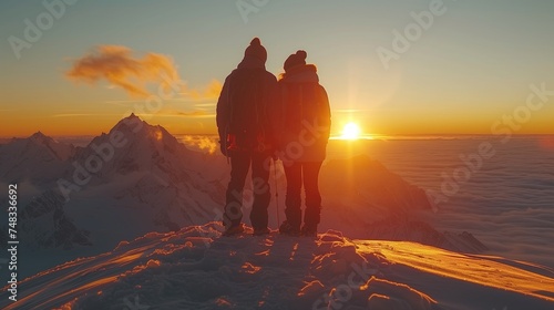 Celebratory Embrace: At the pinnacle of the mountain, against the backdrop of sunset, the two friends share a triumphant embrace, celebrating their achievement and the power of teamwork 