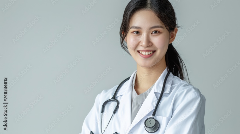 Professional grace: An Asian woman in a white medical coat smiles, radiating confidence and warmth against a gray background. Professional grace: An Asian woman in a white medical coat smiles, radiating confidence and warmth against a gray background.