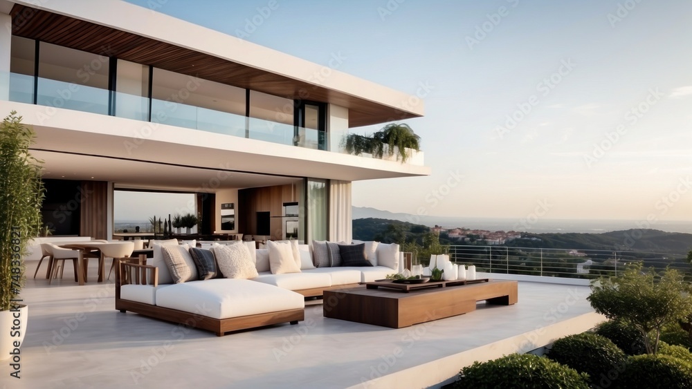 Fototapeta premium Modern villa with a rooftop terrace, providing panoramic views and an ideal space for outdoor entertainment