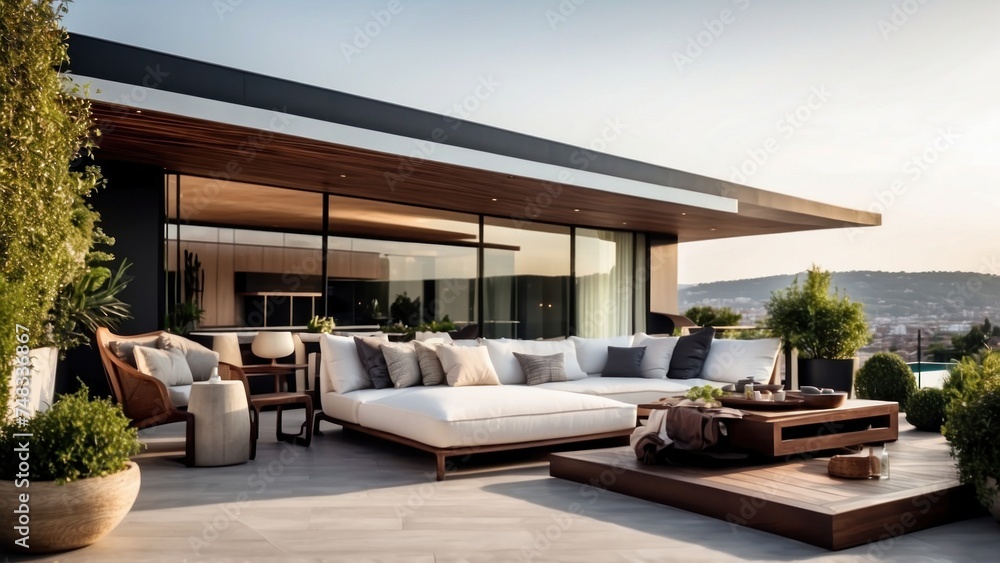 Fototapeta premium Modern villa with a rooftop terrace, providing panoramic views and an ideal space for outdoor entertainment