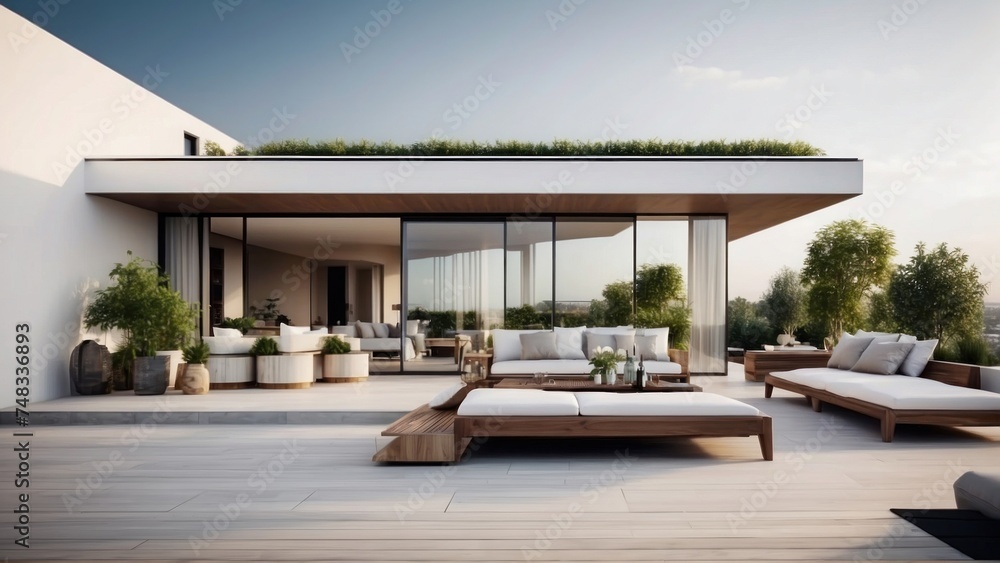 Modern villa with a rooftop terrace, providing panoramic views and an ideal space for outdoor entertainment Modern villa with a rooftop terrace, providing panoramic views and an ideal space for outdoor entertainment