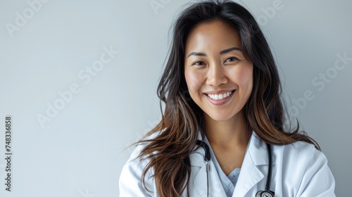 Captivating professionalism: An Asian woman in a white medical coat smiles, exuding confidence and warmth on a gray backdrop.