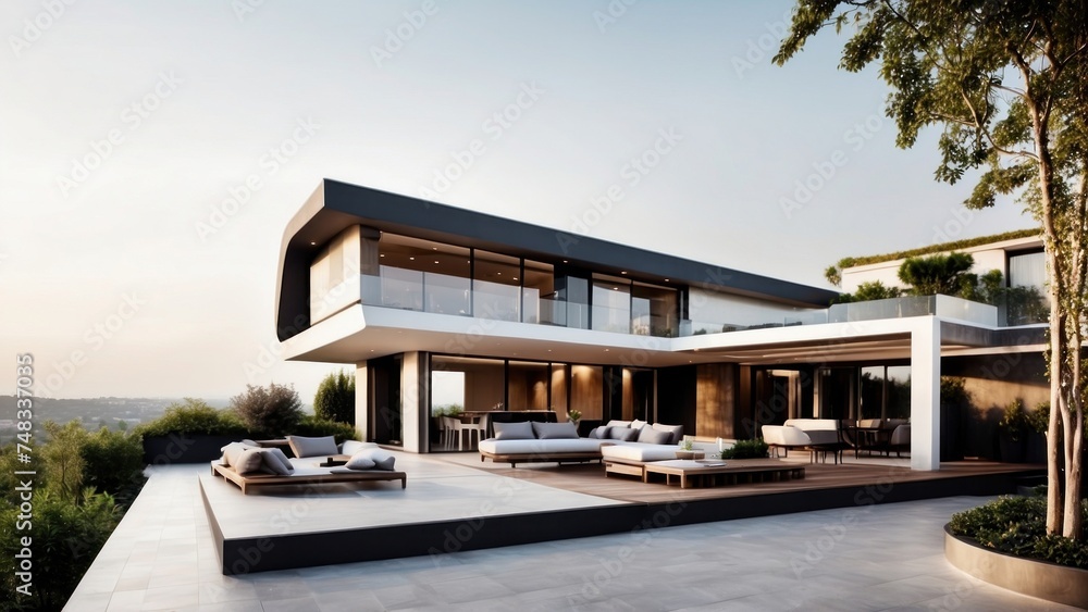 Fototapeta premium Modern villa with a rooftop terrace, providing panoramic views and an ideal space for outdoor entertainment