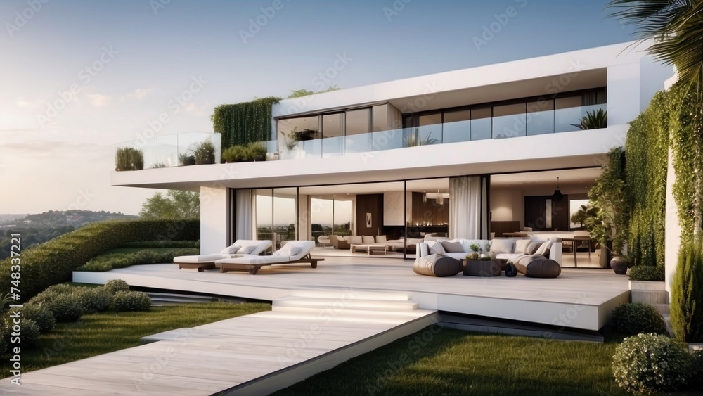 Modern villa with a rooftop terrace, providing panoramic views and an ideal space for outdoor entertainment Modern villa with a rooftop terrace, providing panoramic views and an ideal space for outdoor entertainment