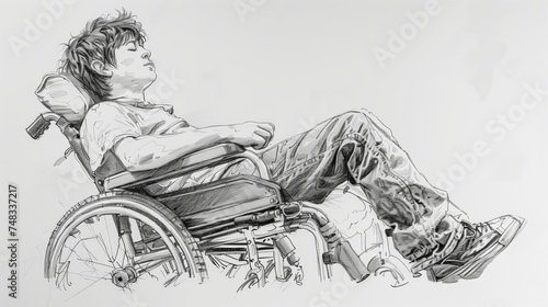 Sad disabled boy sits in wheelchair in his room. Monochrome black and white sketch of the young man affected by cerebral palsy needing psychologist help.
 photo