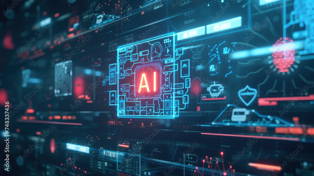 Computer dashboard of AI in dark lab or control room, futuristic interface, digital screen of artificial intelligence in future. Concept of technology, data, hud, ui, innovation, science