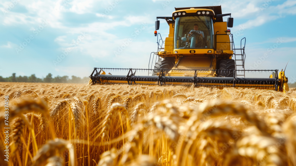 Obraz premium Combine harvester harvests wheat in summer, tractor cutting rape grain on farm. Scenic view of machine working in field and blue sky. Concept of farmer, agriculture, landscape, food