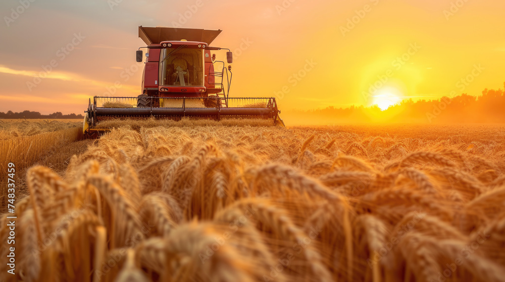 Combine harvester harvests wheat in summer, tractor cutting rape grain on farm at sunset. View of machine working in field, sky and sun. Concept of farmer, agriculture, landscape, industry Combine harvester harvests wheat in summer, tractor cutting rape grain on farm at sunset. View of machine working in field, sky and sun. Concept of farmer, agriculture, landscape, industry