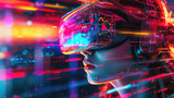 Adult girl playing VR glasses on blurred neon background, young woman uses futuristic headset for metaverse. Concept of technology, virtual reality, game, art, digital future