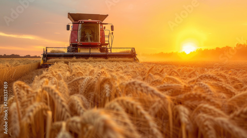 Combine harvester harvests wheat in summer, tractor cutting rape grain on farm at sunset. View of machine working in field, sky and sun. Concept of farmer, agriculture, landscape, industry