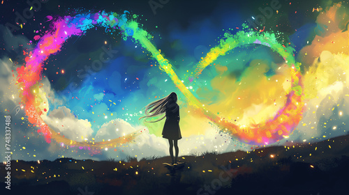 Girl silhouette and rainbow infinity sign. Neurodiversity concept. photo