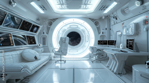 Spaceship cabin interior, modern cockpit with computer screens and dashboard. Futuristic furniture inside command room of spacecraft. Concept of sci-fi, space station, technology