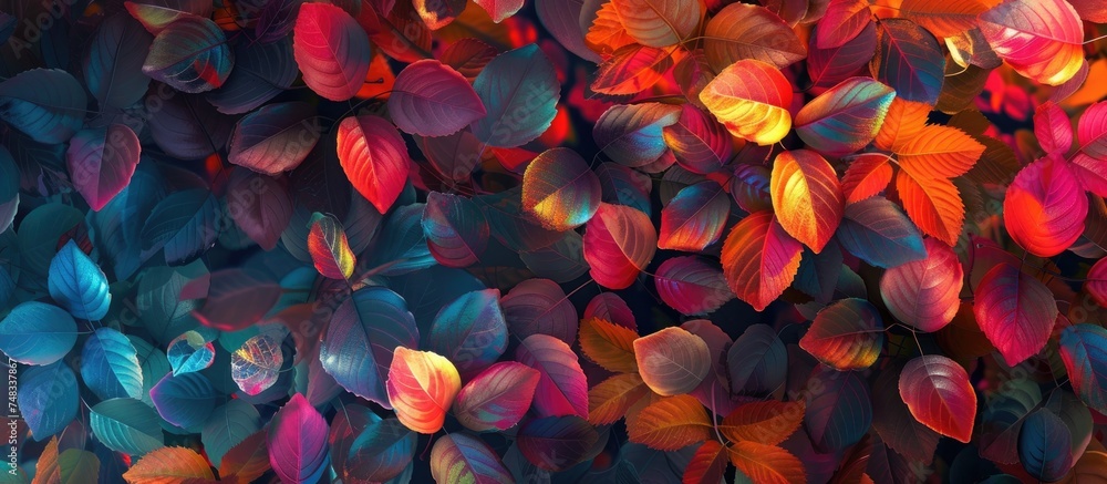 A variety of vibrant autumn leaves in different colors, such as red, orange, yellow, and green, are arranged on a wall. The leaves create a colorful and lively backdrop, adding a touch of seasonal - obrazy, fototapety, plakaty 