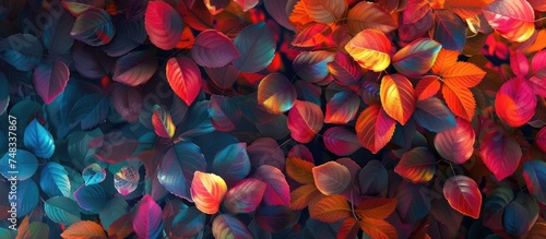 A variety of vibrant autumn leaves in different colors, such as red, orange, yellow, and green, are arranged on a wall. The leaves create a colorful and lively backdrop, adding a touch of seasonal