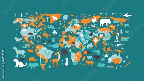 global map with locations of veterinary clinics and hospitals, emphasizing the worldwide presence and importance of veterinary services on Veterinary day