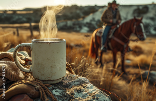 a steaming cup of coffee on the open range with cowboys riding in the distance