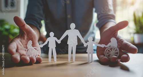 Cutout paper chain family with the protection of cupped hands, concept for security and care