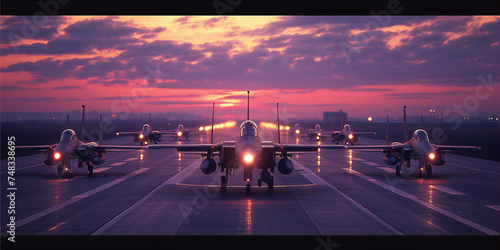 Group of fighter jets on a airfield at sunset. photo