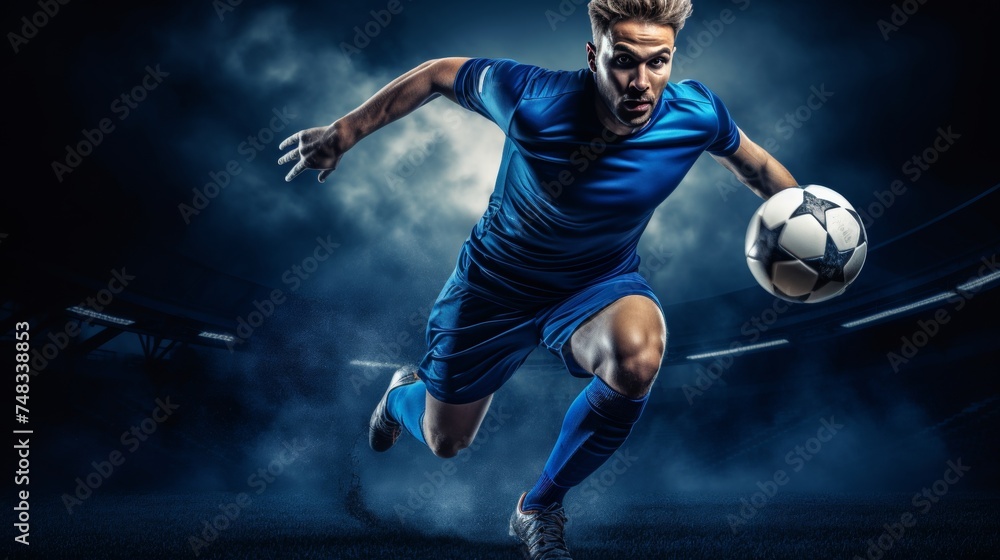 Dynamic soccer player kicking ball at dramatic stadium, training for sports championship success