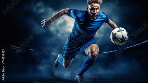 Dynamic soccer player kicking ball at dramatic stadium, training for sports championship success © sorin