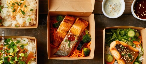 A table is shown from above, covered with boxes filled with nutritious meals like fish, veggies, and rice, ready for healthy take-out.